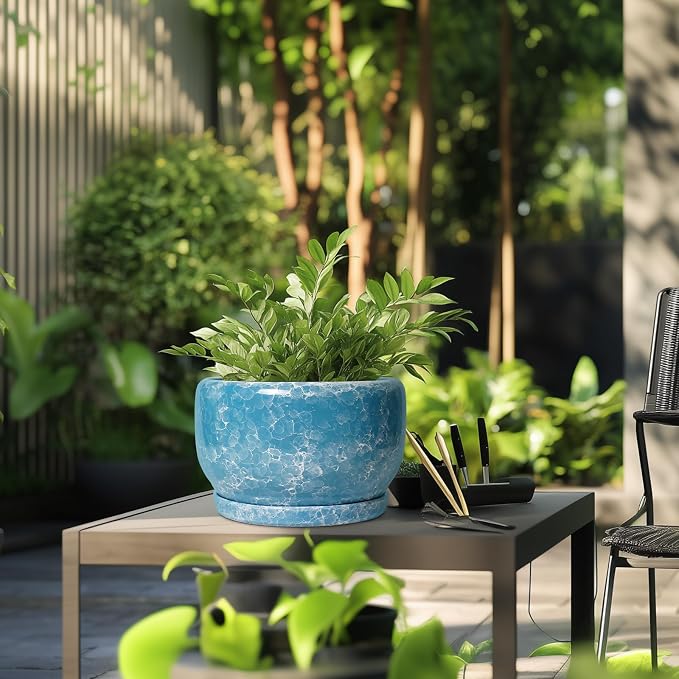 SQOWL Ceramic Planters - 10 Inch Plant Pot Indoor with Drainage Hole and Saucer, Decorative Flower Pot Outdoor, Round Large Planter, Living Room Office Garden Decor, Plant Lover Gifts for Women, Blue