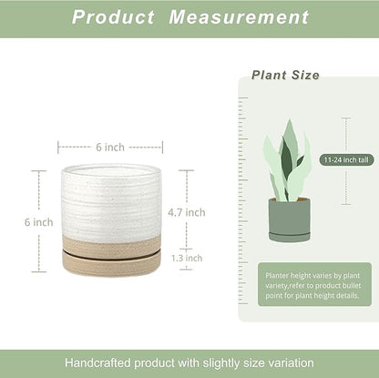 HERDUK 6 Inch Plant Pots, Ceramic Planter Pot with Drainage Hole & Saucer, Indoor/Outdoor Cylinder Round Planter Pot, White & Beige Glaze