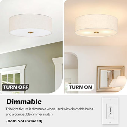 12.6 Inch Flush Mount Ceiling Light Gold Ceiling Fixture 2-Light Drum Modern Lights Close to Lights Fixture with Fabric Shade for Living Room Hallway Entryway Bedroom