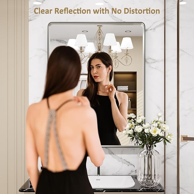 LOAAO 30X36 Inch Brushed Nickel Bathroom Mirror, Rounded Rectangle Silver Metal