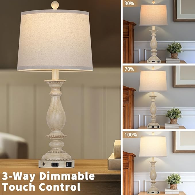28" Tall Farmhouse Table Lamps for Living Room Set of 2,Vintage Rustic Beige Bedside Touch Lamp with USB C+A Ports & AC Outlet, 3-Way Dimmable Resin Nightstand Lamp for Bedroom Entryway Office