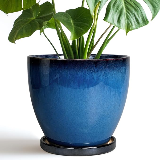 8 Inch Planter - Ceramic Plant Pot with Drainage Hole and Tray Round Planter Modern Flower Pot for Room Home Office Patio Porch Garden Decor Blue