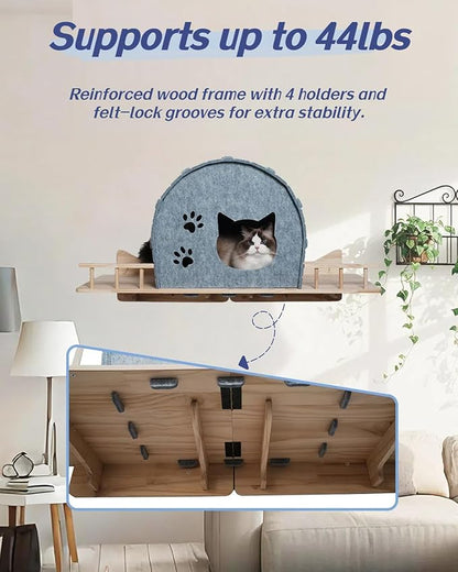 Wall Mounted Felt Cat Bed – Modern Cats Shelf with Wooden Base & 4 Holders, Space-Saving Cat Perch for Indoor Cats, Minimalist Wall Cat Furniture for Resting & Lounging,Gray