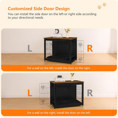DWANTON Dog Crate Furniture with Cushion, Wooden Kennel Table with Double Doors, Indoor Dog House, Medium Size, 32.5" L, Black+Warm Brown