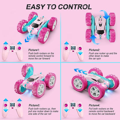 RC Cars, Pink Remote Control Car for Girls, 2.4 GHZ Double Sided RC Stunt Car 360° Rotating Remote Control Crawler with Headlights Car Toys for 6 7 8 9 10 11 12 Girls Birthday Gift