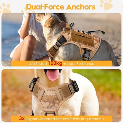 Heavy-Duty Tactical Dog Harness for Large Dogs, No Pull Adjustable Reflective Pet Vest with Molle System, K9 Military-Grade Control for Service Training, Outdoor & 10+ Breeds, Khaki Camo, XX-Large