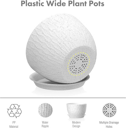 Meowell 12/10/9 inch Large Flower Pots, 3 Set Big Plant Pots for Outdoor Indoor Plants with Water Ripples, Wide Plastic Planters with Drainage Holes and Saucers for Garden House Plants, Speckled White