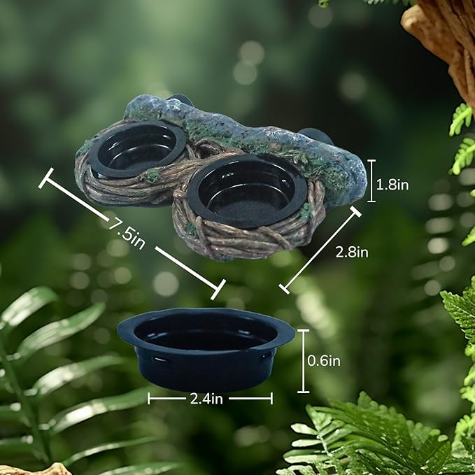 Reptile Feeding Ledge with 4 Cups, Hollow Vine Food Dish & Water Bowl for Bearded Dragon, Gecko, Lizard & Snake – Reptile Tank Accessories for Terrariums