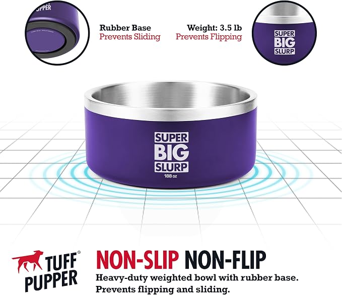 Tuff Pupper Heavy Duty Insulated Dog Bowl | Double Wall Stainless Steel Dog Food Dish | Non-Slip Spill Proof Dishwasher Safe Cat Bowl | Water Dish for Feeding Large Medium Small Pets (188oz, Purple)