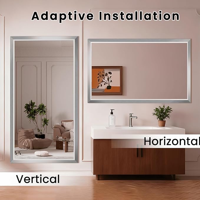 Amorho Bathroom Mirror, 55x32 Inch Silver Thick Metal Framed Wall Mirrors