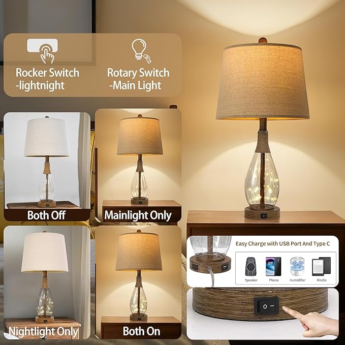OYEARS 23" USB A+C Table Lamp Set of 2 Modern Bedside Lamps Retro Farmhouse Rattan Glass Nightstand Nightlight Lamps for Bedroom Living Room Dorm,Two Light Points