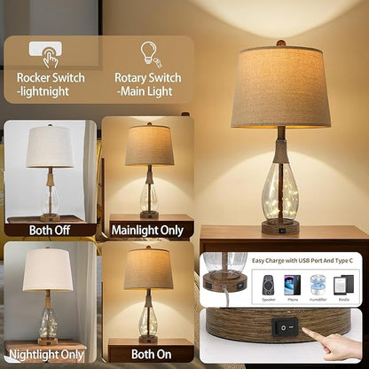 OYEARS 23" USB A+C Table Lamp Set of 2 Modern Bedside Lamps Retro Farmhouse Rattan Glass Nightstand Nightlight Lamps for Bedroom Living Room Dorm,Two Light Points