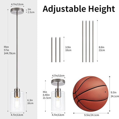 MAYNA 2-Pack Brushed Nickel Hanging Lamps, Contemporary Kitchen Island Pendants with Bulbs, Adjustable Rods Clear Glass Cylinder Lighting for Dining Area