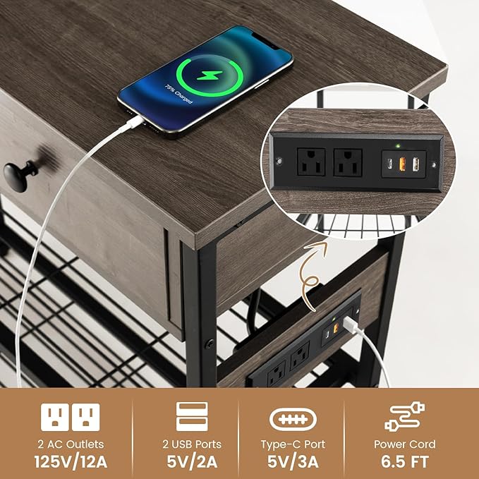 GOFLAME Console Table with Power Outlet, Narrow Entry Table with Drawers, 2 AC Outlets & 2 USB Ports, Sofa Table for Living Room Behind Couch, Living Room, Foyer, Grey Oak