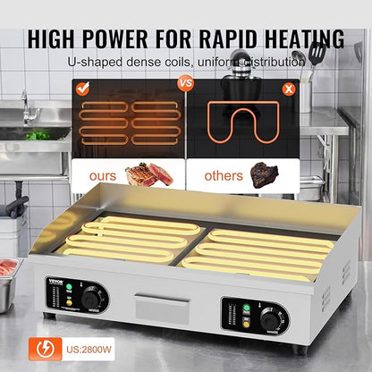 VEVOR Commercial Electric Griddle, 2800W Countertop Flat Top Grill, 122℉-572 ℉