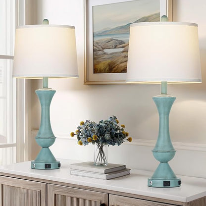 29" Tall Blue Table Lamps Set of 2 for Living Room, Touch Control Bedroom Lamps for Nightstand, 3-Way Dimmable Bedside Lamp with USB A+C Port &AC Outlets(2 LED Bulbs Included)