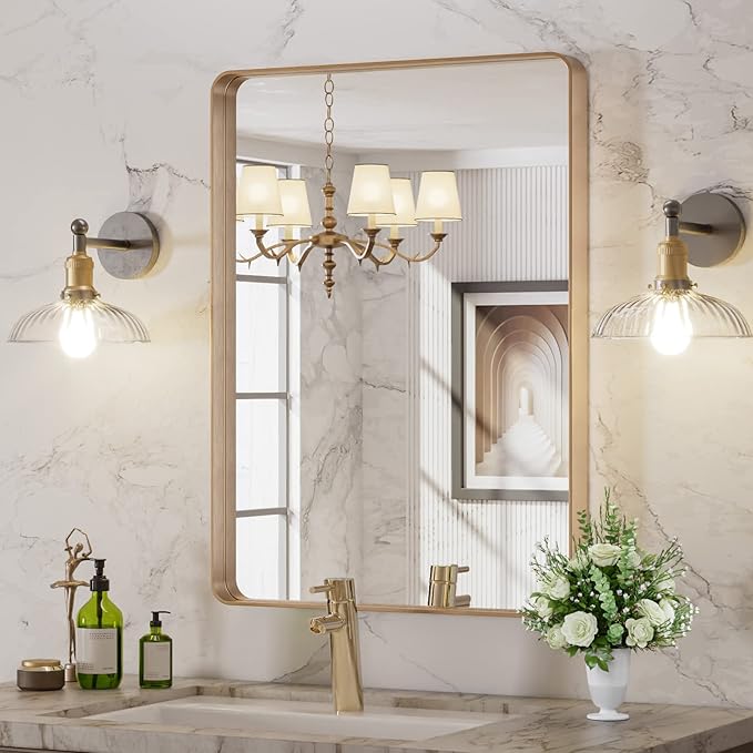 LOAAO 22”X30” Gold Bathroom Mirror, Rounded Rectangle Gold Frame Mirror