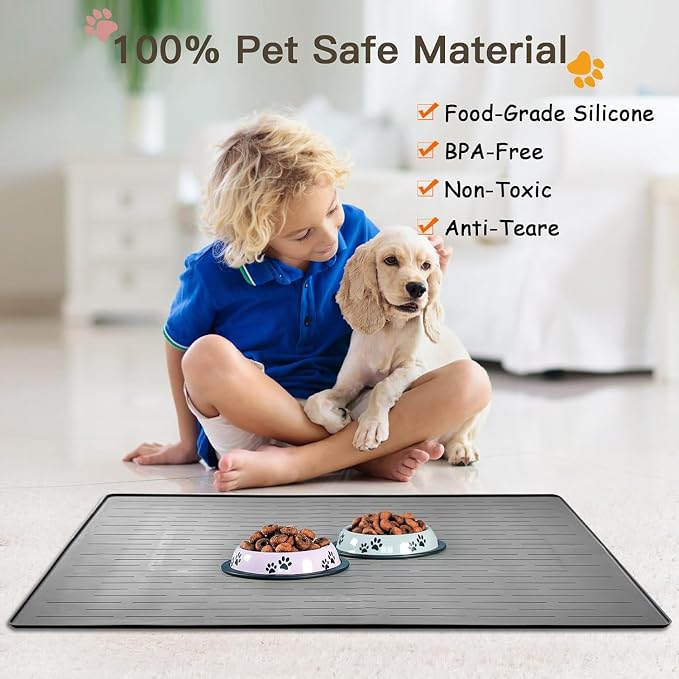 Largest Dog Food Mat, 48"x32" Silicone Dog and Cat Mat for Food and Water Bowls, Thinken Waterproof Non-Slip XXXL Pet Feeding Mat for Floors (Brown)