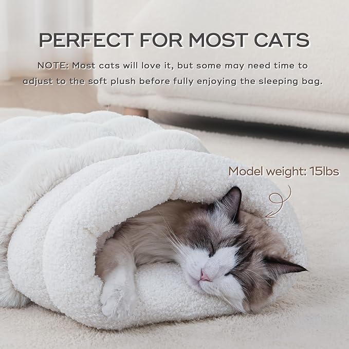4 in 1 Cat Sleeping Bag Plush Self Warming Cat Bed Snuggle Bag Blanket Mat Cave (Small Cats Up to 15 lbs) White 21 × 17 Inch
