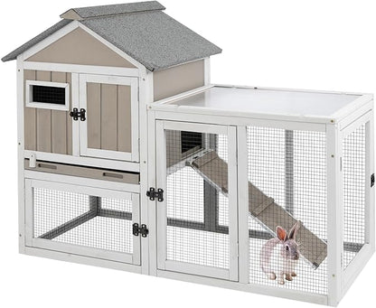Gowoodhut 46.5" L Rabbit Hutch Indoor Outdoor Rabbit Cage with Run, Pull Out Tray, Asphalt Roof Large 2 Story Bunny Hutch Wooden Chicken Coop Guinea Pigs Pet House Cage for Small Animals,Grey