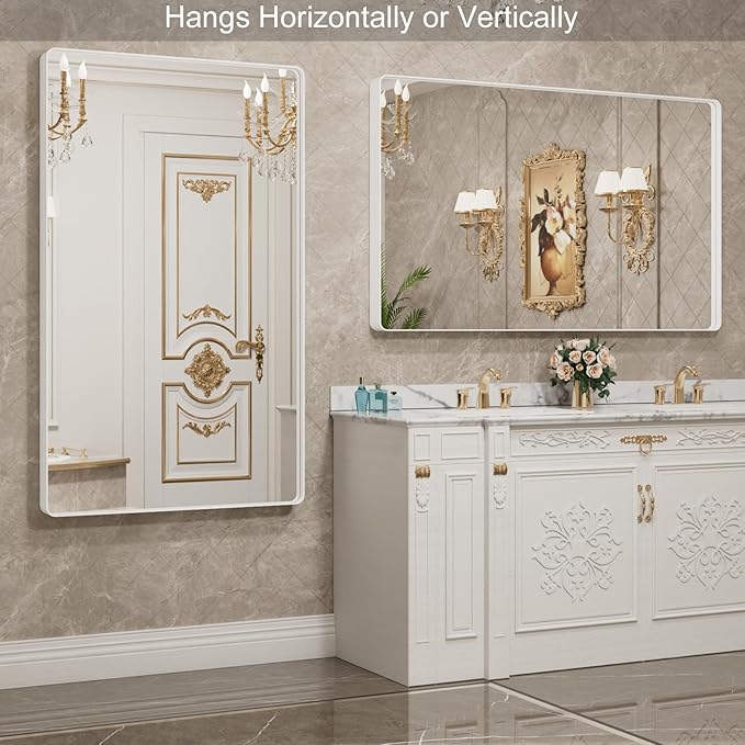 LOAAO 50x30 Inch White Metal Framed Bathroom Mirror