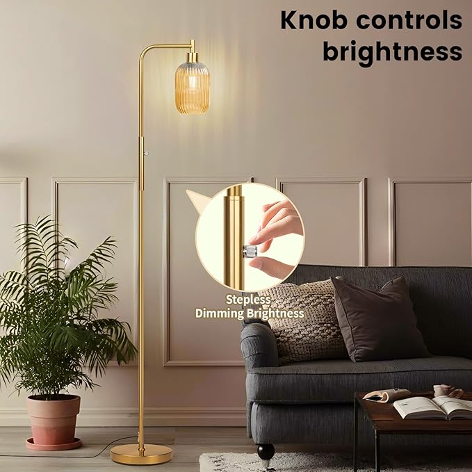 Glass Floor Lamp for Living Room, Dimmer Standing Lamp with Green Ribbed Lampshade,66” Tall Lamp & Gold Floor Lamp for Bedroom Study Room,Brushed Gold (Amber)