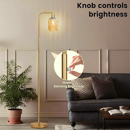 Glass Floor Lamp for Living Room, Dimmer Standing Lamp with Green Ribbed Lampshade,66” Tall Lamp & Gold Floor Lamp for Bedroom Study Room,Brushed Gold (Amber)