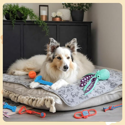 Zopeal 17 Pcs Summer Puppy Gift Set, Dog Toy & Essentials Bundle with Chew Toys, Poop Bag Dispenser, Grooming Brush, Training Bell, Blanket & Rope Basket(White,Octopus)