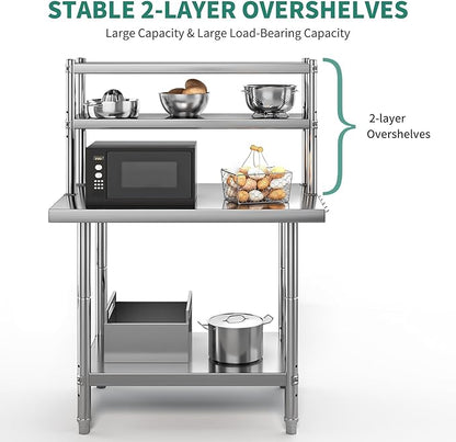 YITAHOME NSF Stainless Steel Table with Overshelves, 30" X 24" Work Table with 30" X 12" Shelf, Metal Table Prep Table for Home Kitchen Restaurant Garage Warehouse