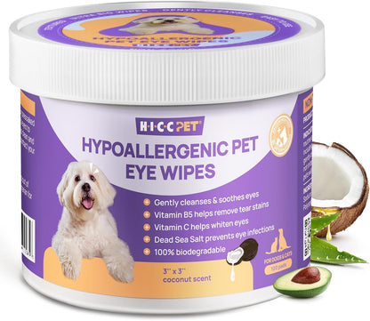 HICC PET Eyes Wipes for Dogs & Cats - Gently Remove Tear Stain, Debris, Discharge, Crust - Coconut Oil Pet Cleaning Grooming Deodorizing Wipes Wash Cleaner for Eyes, Wrinkle, Face - 100pcs