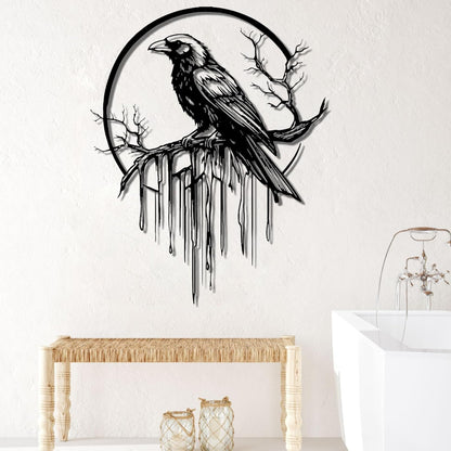 Crow Metal Wall Decor, Raven Wall Art, Large Gothic Raven Decor Hangings, Bird Wall Decor, Metal Tree Branch Decor, Ravens Sign, Raven Art for Living Room (Silver, 24"x19" | 60x48cm, metal wall art)