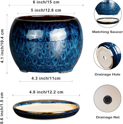 SQOWL 6 Inch Plant Pot - Ceramic Planter Pot with Drainage Hole and Saucer, Succulent Pot Round Flower Pot for Indoor Plants Outdoor, Blue