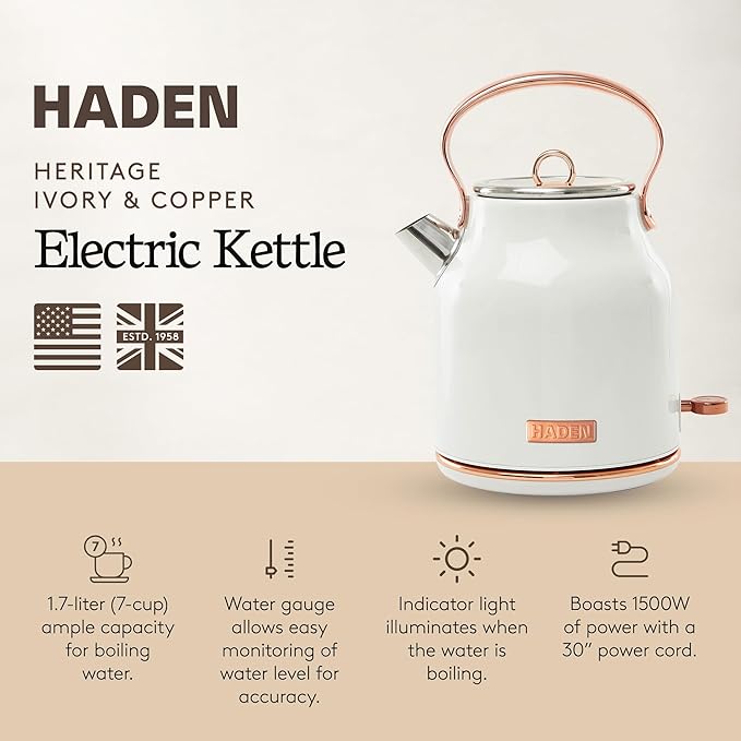 Haden Heritage 1.7 Liter Stainless Steel Electric Kettle, Hot Water Kettle