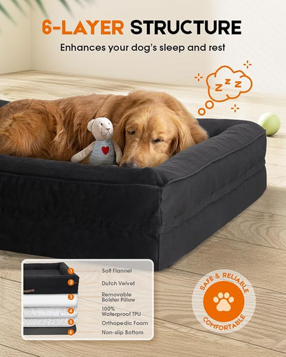 Upvilla Orthopedic Dog Bed XXL, Four-Sided Dog Sofa, Washable Cover, Black | Removable Waterproof Dog Bed Cover, Egg-Crate Orthopedic Foam, Built-In Carry Handle, Indoor Large Pet Beds, Cat Beds