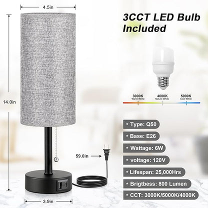 Grey Bedside Lamp for Bedroom Nightstand - Small Table Lamp with USB A + C Charging Port, 3 Color Temperatures Pull Chain Night Stand Light with Bulb, Side Table Desk Reading Lamp for Living Room/Dorm