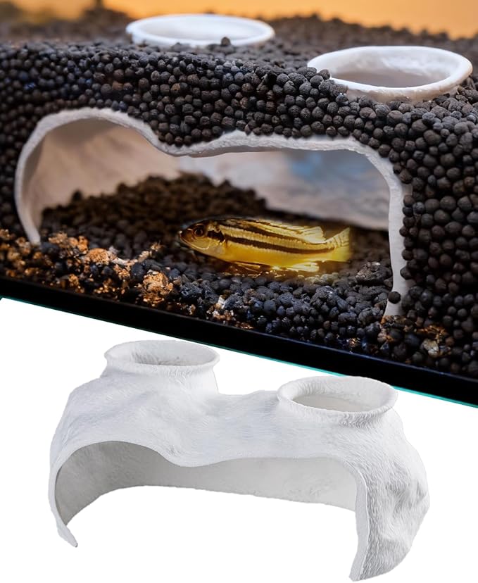 Dual-Entrance Rock-Texture Cave – Fish Tank Shelter & Aquarium Decor with 2 Tunnels, 6×3.4×2.3in (White)
