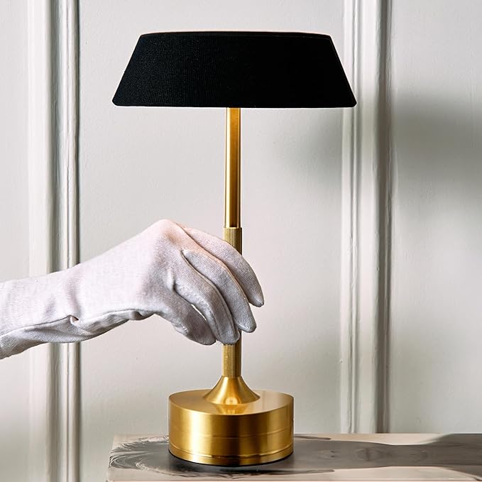 LED Cordless Table Lamp - Rechargeable Light for Home, Bedside, Kitchen - Small Dimmable Tap Lights - Battery Powered Touch Lamp for Desk Wireless - Black and Gold Lamp Shades, IP44, USB Type C Cable