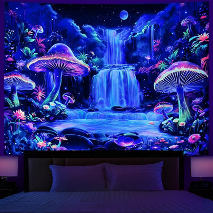 Dermijer Blacklight Tapestry Fantasy Mushroom Forest Tapestry UV Reactive Waterfall Tapestries Moon Night Neon Flower Landscape Wall Hanging for Home Decor L92.5×W70.8