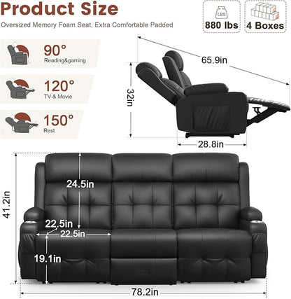 Aotolo Recliner Sofa, Massage Reclining Sofa 3 Seater Sets Heavy Weight Capacity, RV Loveseat Couch Clearance with Flip Back Console, Storage, Cup Holders, Wall Hugger Reclining Couch for Living Room