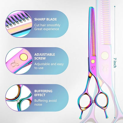 Dog Grooming Scissors, Professional 4 in 1 Dog Shears Set,Chunker Scissers,Curved Scissors,Thinning Shears and Comb for Cat Pet with Left Handed Deg Curved Shear
