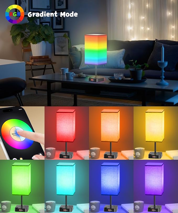 RGB Table Desk Lamp with 16 Million Colors & Music Sync | Smart Color Changing Nightstand Light Stepless Dimmable Warm-Cool White + USB Charging AC Outlets for Gaming,Home Office,Bedroom Mood Lighting
