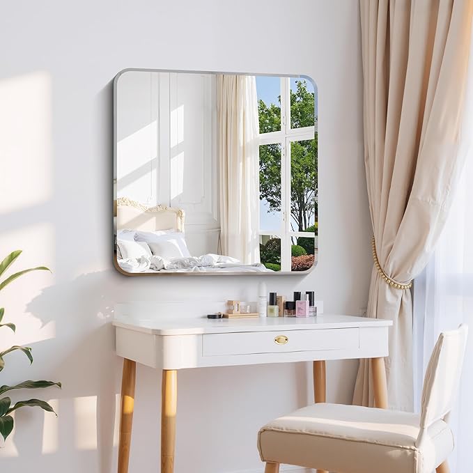 CILIBER Beveled Mirror 30"x30", Square Frameless Bathroom Mirror Rounded Corner