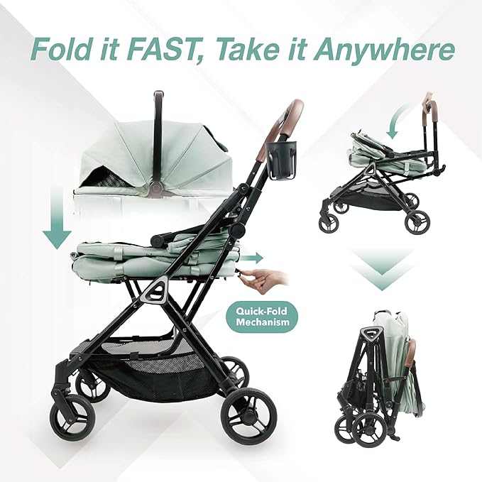 ibiyaya Tinker Pet Stroller for Small Dogs and Cats – 3-in-1 Pet Carrier, Dual-Opening Canopy, No-Flat Wheels, Vegan Leather Handle, Large Storage Basket (Sage Green)