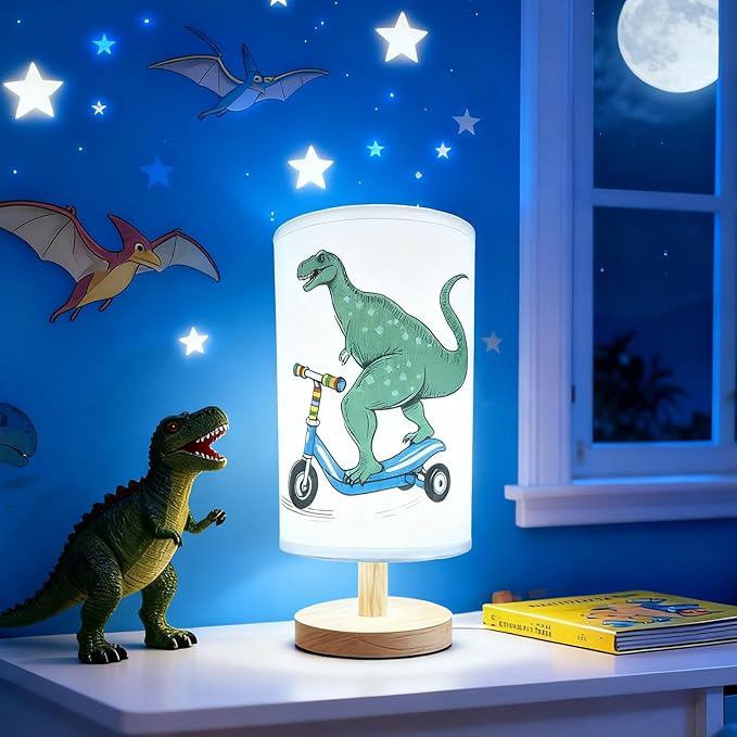 Dinosaur Lamp, Dinosaur Decor Boys Room, 3 Color Night Light Wood Nightstand Desk Base Flaxen Fabric Shade for Bedroom Living Room, Dino Lovers Gifts, LED Bulb Included (Blue Dinosaur)