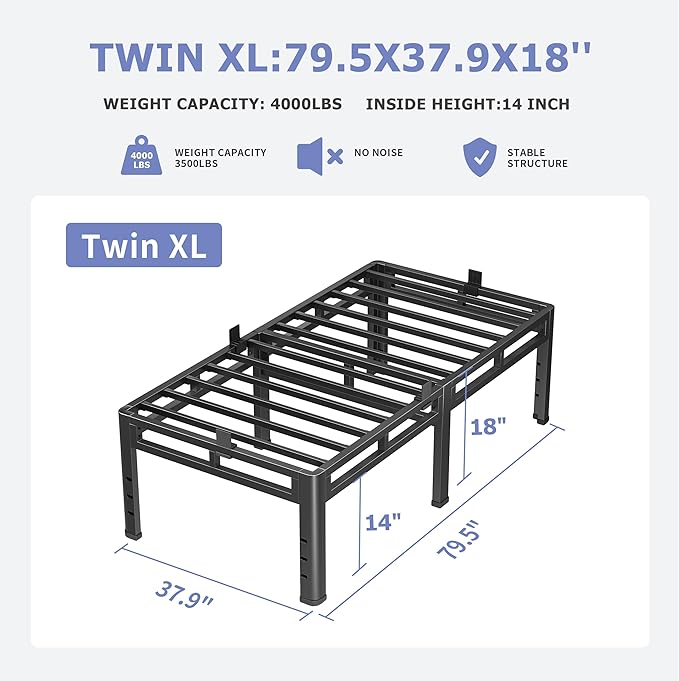 NKZ Twin XL Size Bed Frame 18 Inch, Metal Bed Frame & Box Spring 2 in 1 Platform with Round Corner Legs, 4000Lbs Heavy Duty Tall Metal Frame, Headboard Hole, Noise-Free, Easy Assembly