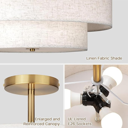 18 Inch Large Semi Flush Mount Ceiling Light Fixture with Dual Drum Design, Gold Farmhouse Fabric Linen Shade for Bedroom, Living Room, Kitchen, and Dining - Modern Chandelier Lamp