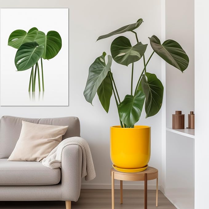 12 Inch Pots for Plants - Ceramic Planter for Outdoor Plants Large Plant Pot Indoor with Drainage Hole Modern Flower Pot for Home Patio Office Decor Yellow