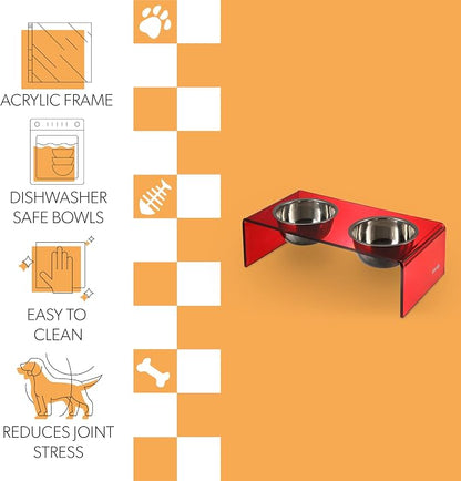 DBL2001H Keaton 7.5" Medium/Large Modern Acrylic Rectangular Elevated Pet Feeder with 54oz 2-Stainless Steel Bowls, Red/Chrome