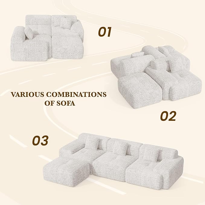 122" L Shaped Convertible Modular Couch, Cloud Couch Sectional with Ottoman, 4-Seater Chenille Boneless Couches for Living Room, Apartment, No Assembly, Beige 1PCS
