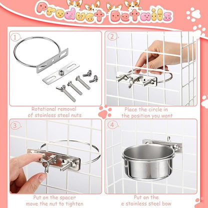 Silkfly 14 Pack Stainless Steel Hanging Dog Crate Bowls, Non-Spill Kennel Food & Water Bowls with Screw Clamp Holders, Removable, Easy to Clean Metal Cage Feeder for Pets(12 oz)